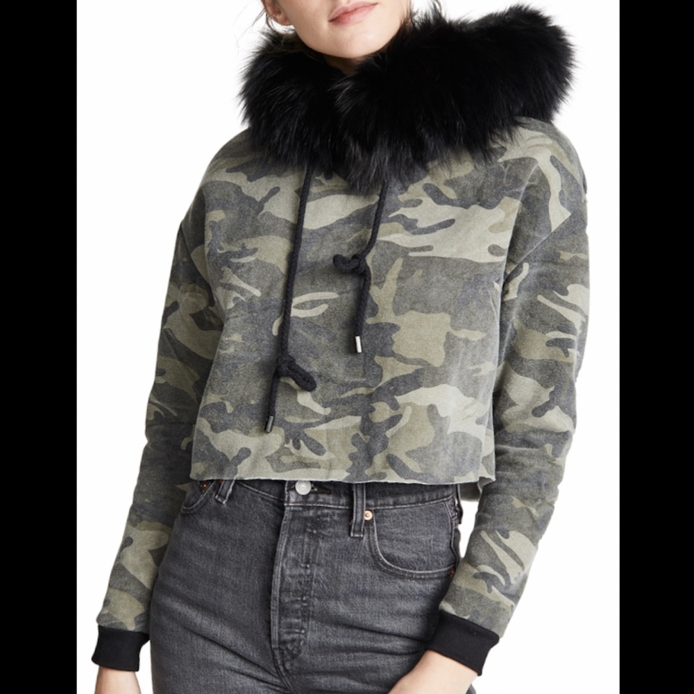 Jocelyn Black Fox Fur Camo Cropped Hoodie Sweater
